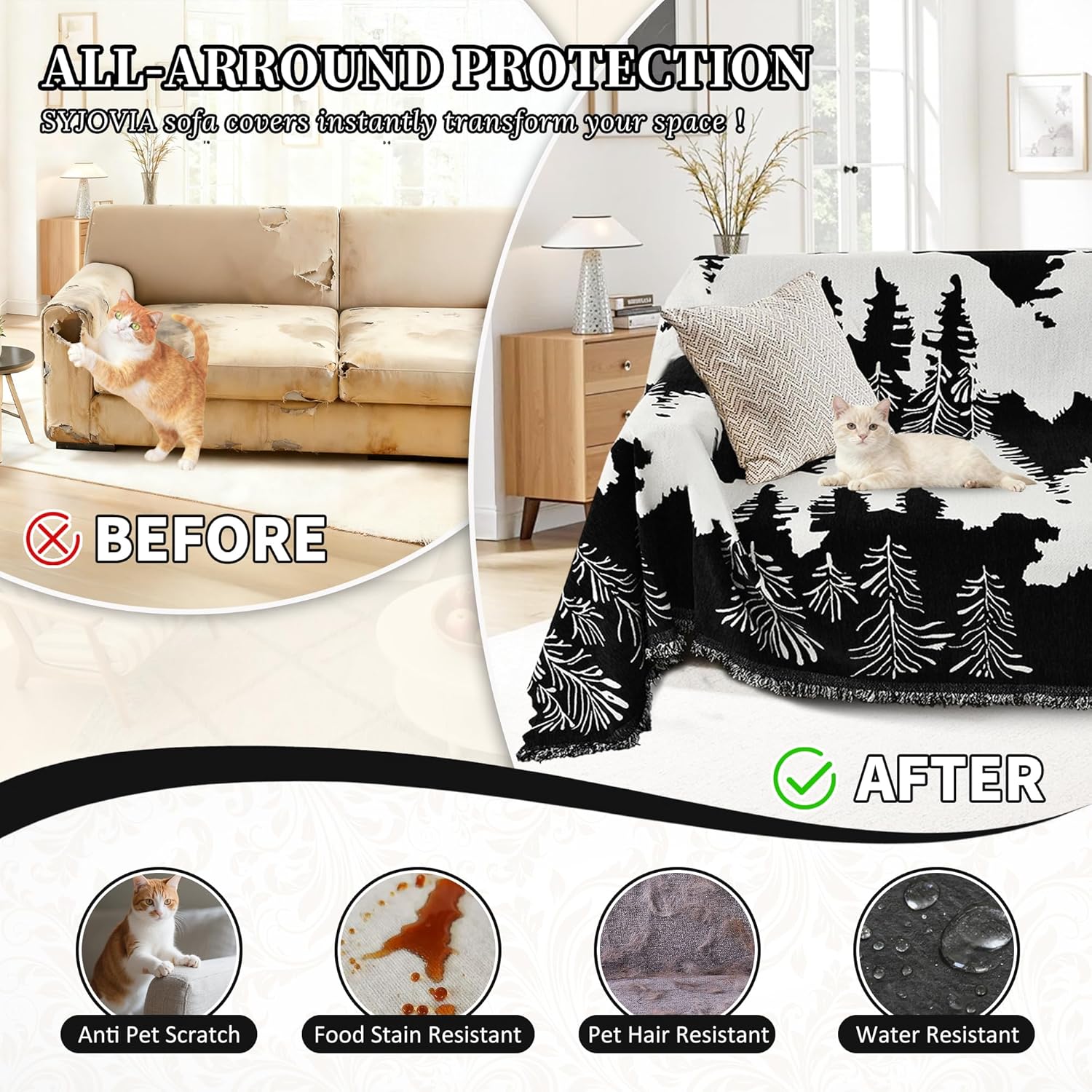 1OO% Waterproof Sectional Couch Covers for Dogs L Shaped Corner Sofa Cover Washable Chenille Sofa Slipcovers Blanket Modern Jacquard Pet Furniture Protector (91"x252", Black Forest)
