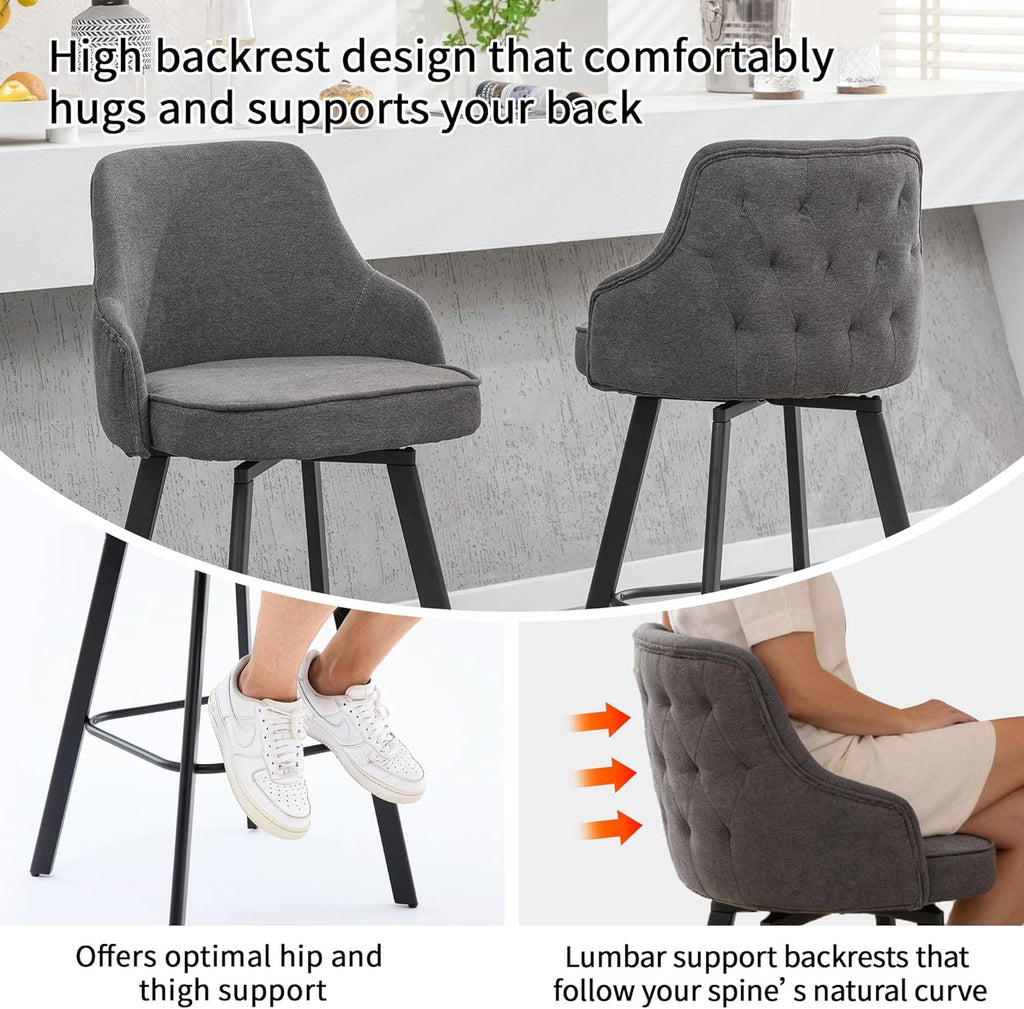 Bar Stools Set of 3, 26" Swivel Counter Height Bar Stools with High Back, Linen Kitchen Barstools Counter Height for Kitchen Island (Dark Grey, 3PCS 26" Counter Stools)