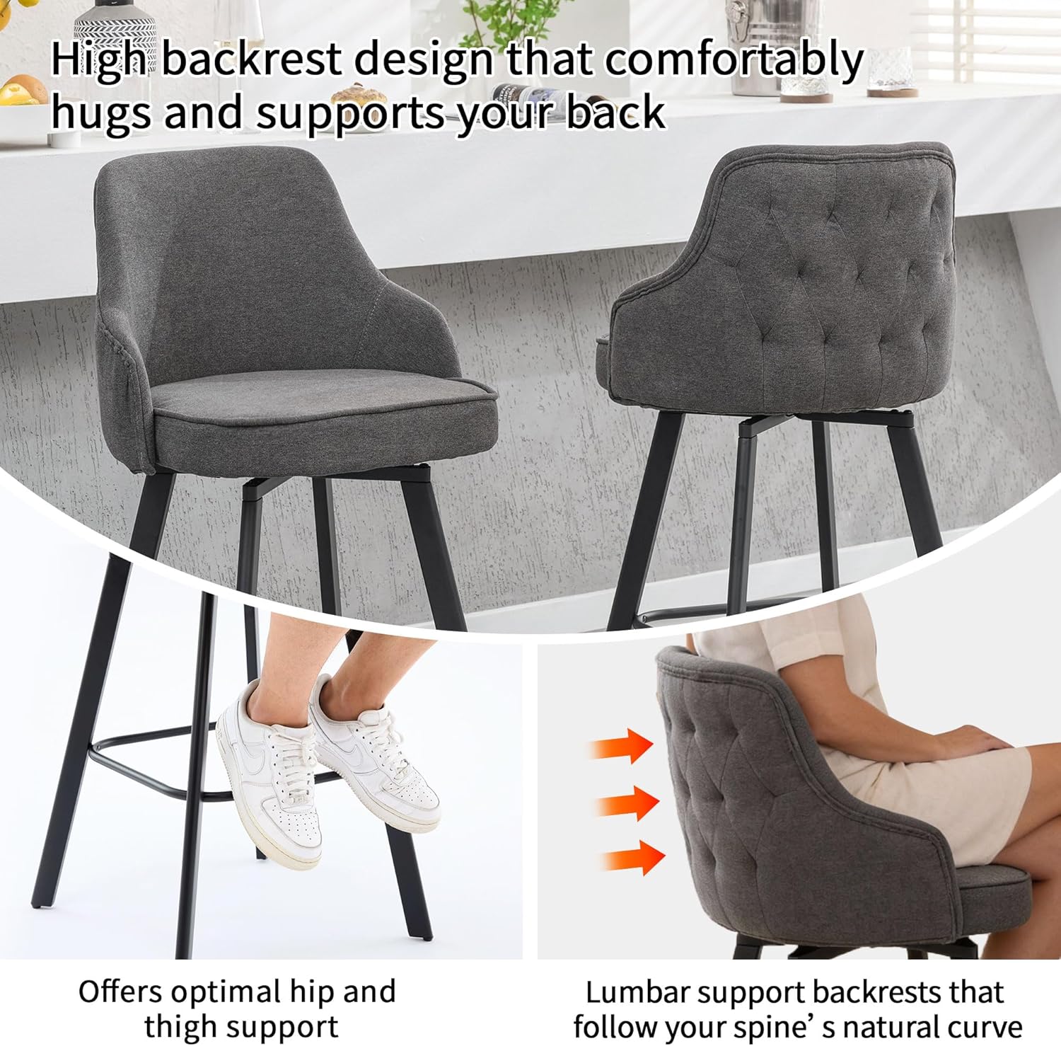 Bar Stools Set of 3, 26" Swivel Counter Height Bar Stools with High Back, Linen Kitchen Barstools Counter Height for Kitchen Island (Dark Grey, 3PCS 26" Counter Stools)