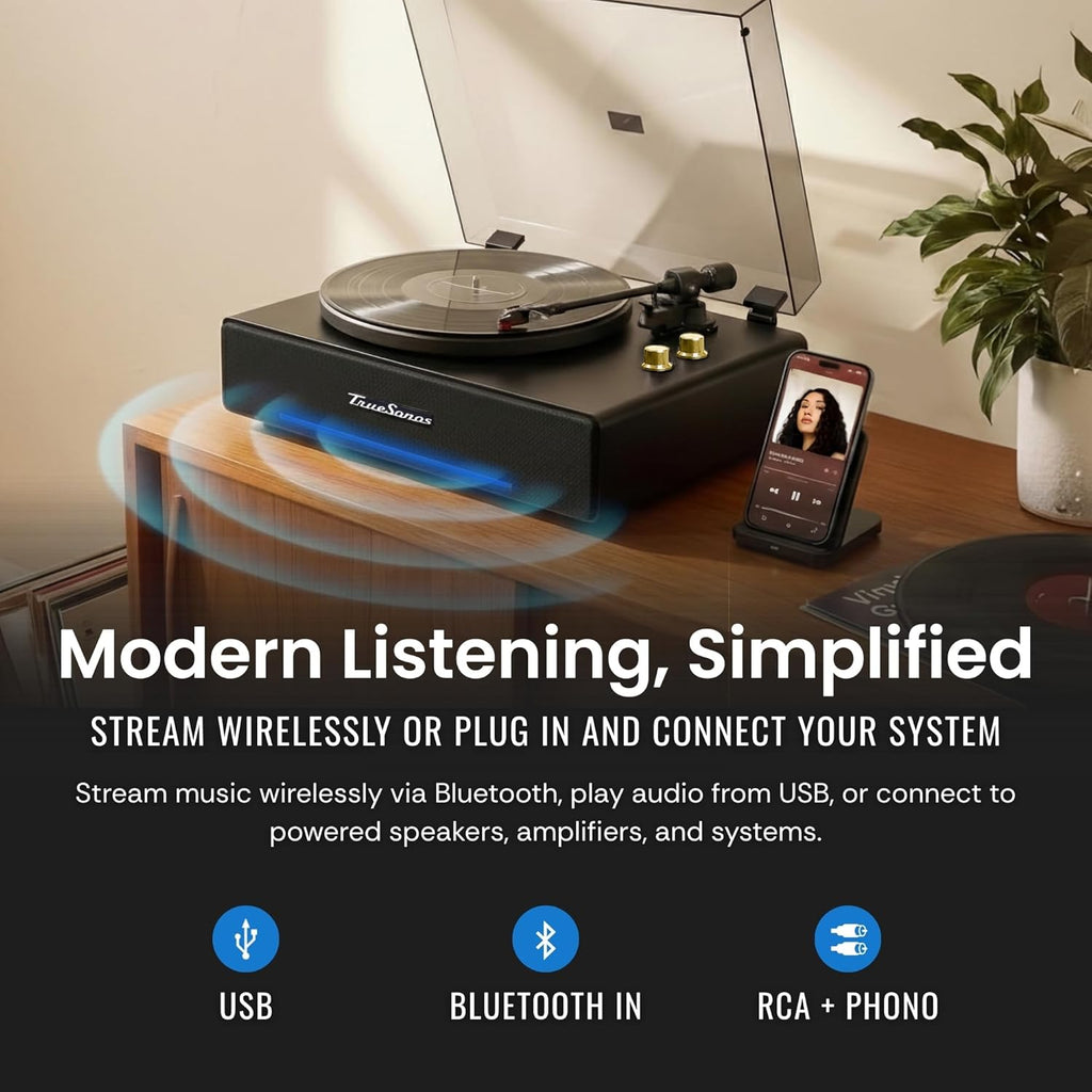Hi-Fi Record Player with Speakers | Premium Vinyl Turntable with Bluetooth Capability | Built-in 4-Speaker Stereo System for Music Fans  Black Veneer + Gold Trim