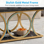 Tribesigns Rectangle Coffee Table, 47.24-inch Modern Coffee Tables for Living Room, 2-Tier Faux Marble Wood Coffee Table with Geometric Metal Legs, Furniture with Storage Shelf (Black & Gold)