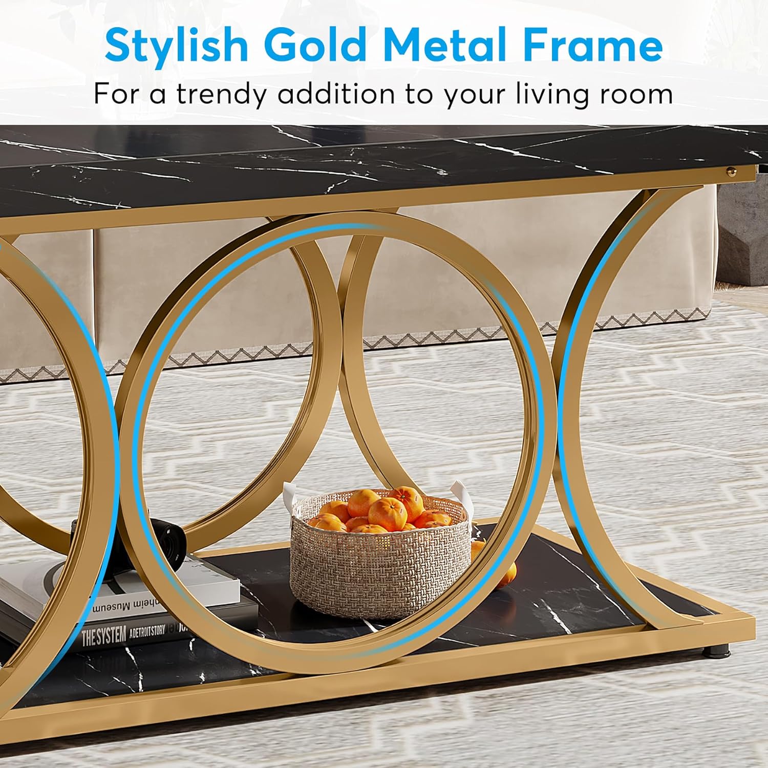 Tribesigns Rectangle Coffee Table, 47.24-inch Modern Coffee Tables for Living Room, 2-Tier Faux Marble Wood Coffee Table with Geometric Metal Legs, Furniture with Storage Shelf (Black & Gold)