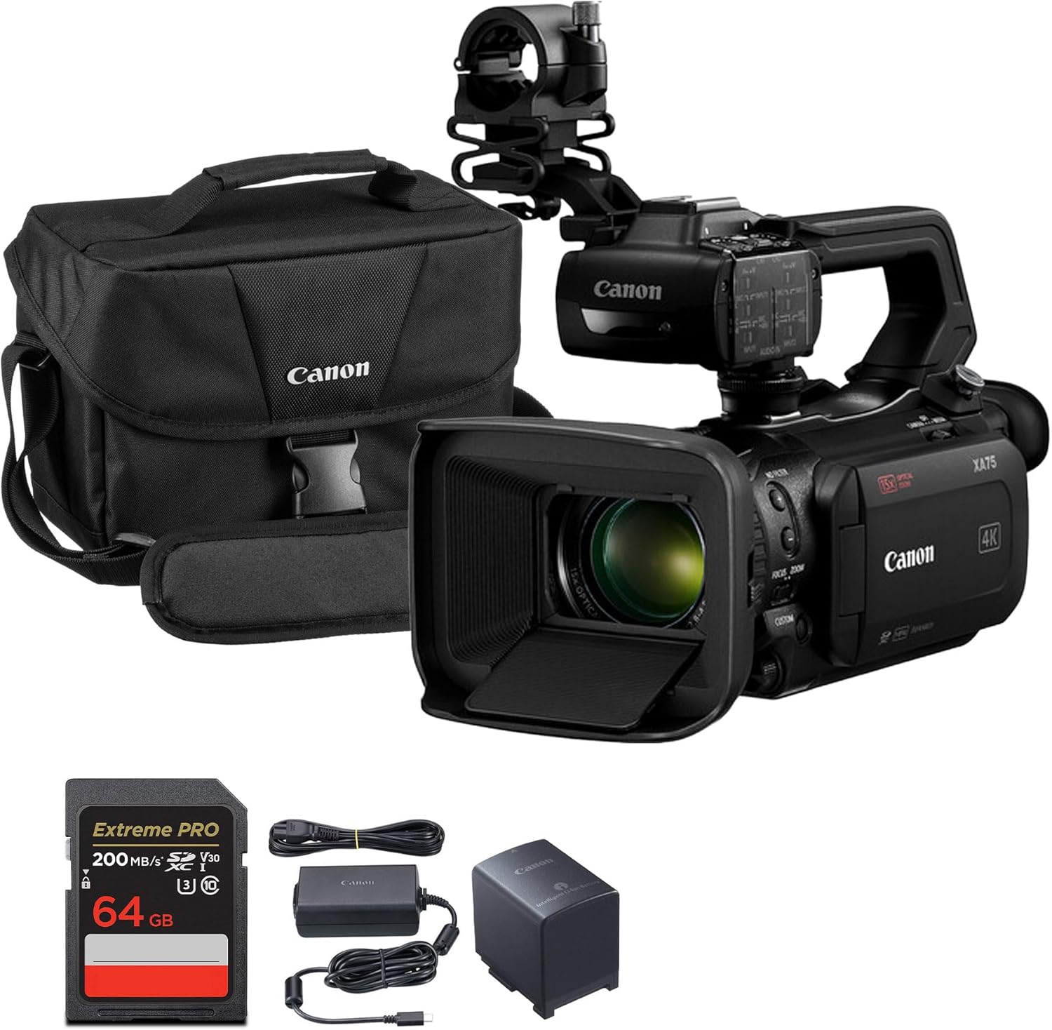 Canon XA75 Professional UHD 4K Camcorder with 15x Optical Zoom  1" CMOS Sensor  Dual XLR Audio  SDI & HDMI Outputs  Dual-Pixel AF  USB-C Livestreaming  5-Axis is Bundle