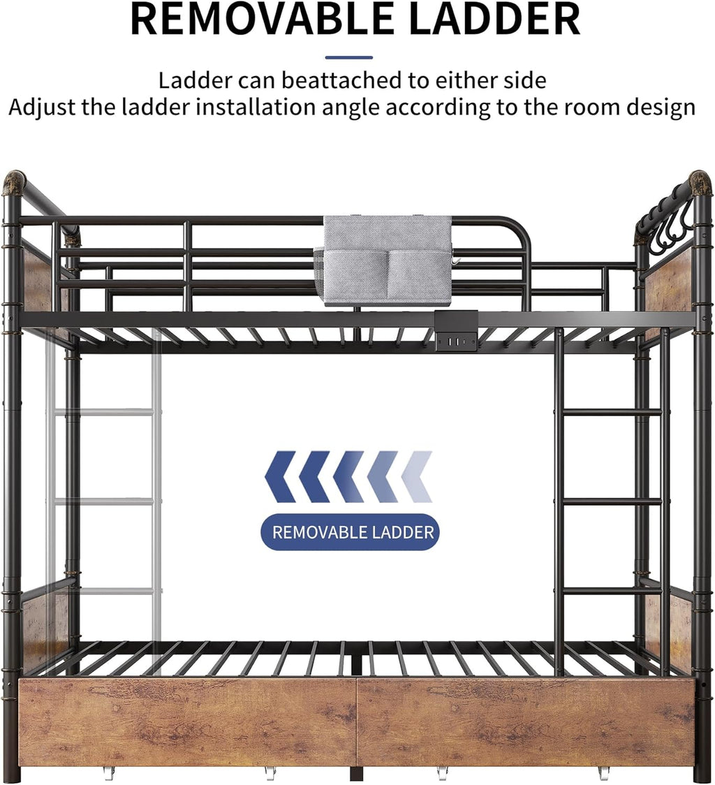 Metal LED Bunk Bed Twin Over Twin with 2 Storage Drawers, USB Charging Station, Industrial Bunkbeds Heavy Duty Bed with Safety Guardrail and Ladder, No Box Spring Needed, Vintage Brown