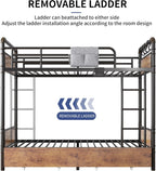 Metal LED Bunk Bed Twin Over Twin with 2 Storage Drawers, USB Charging Station, Industrial Bunkbeds Heavy Duty Bed with Safety Guardrail and Ladder, No Box Spring Needed, Vintage Brown