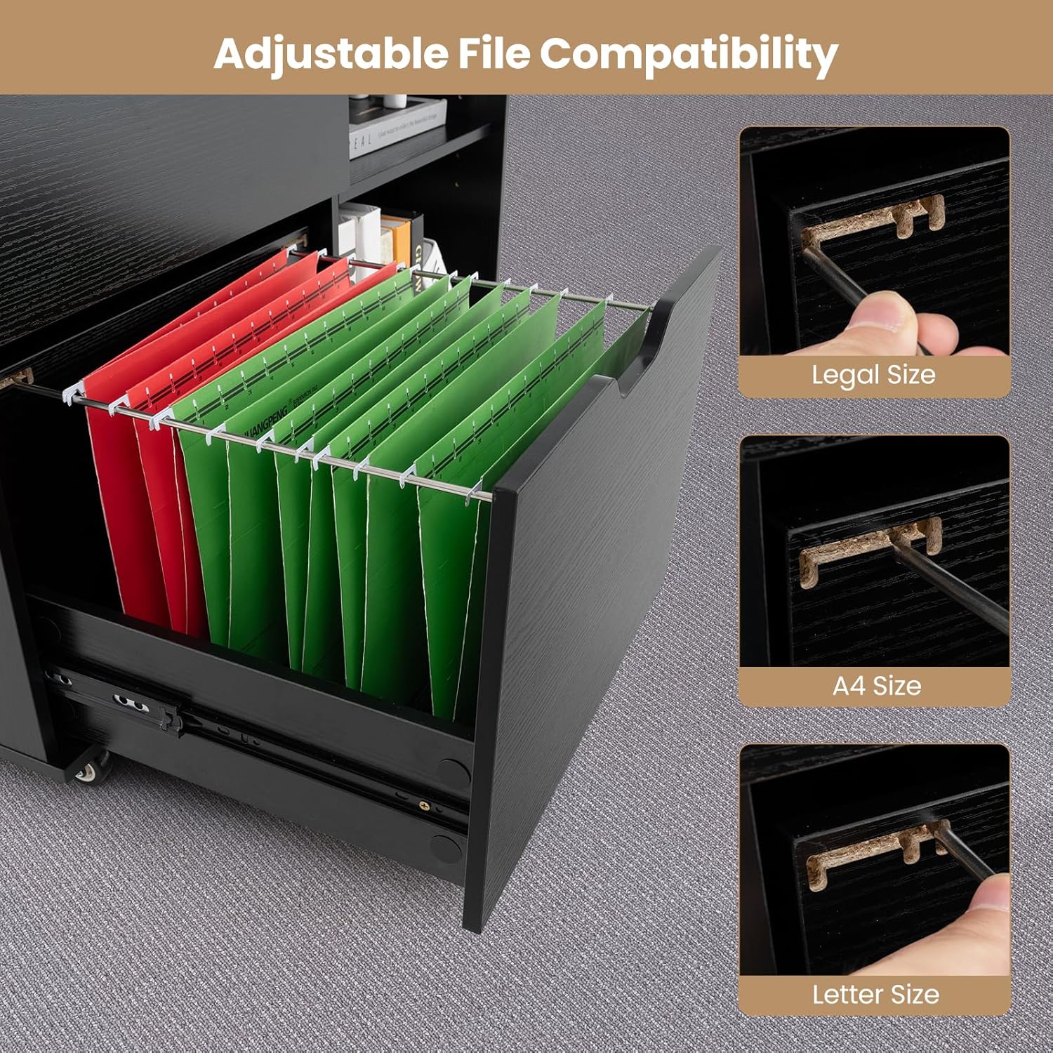 LOKO 3-Drawer File Cabinet, Mobile Printer Stand Cabinet with Adjustable Shelf, Rolling Lateral Filing Cabinet with Wheels for Letter, A4, Legal Size, for Home Office Organization (Black)