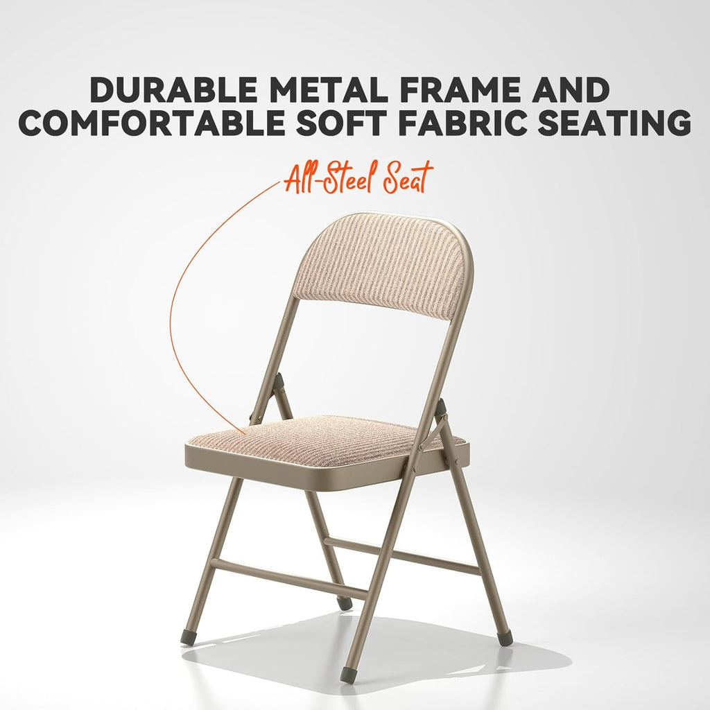 Nazhura 4 Pack Folding Chairs, Fabric Dining Chair Set with Padded Cushion and Back, Indoor Outdoo Seat for Home Office Events Wedding Party (Oatmeal Strip Fabric Seating)