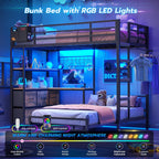DICTAC Bunk Bed with L-Shaped Desk,5 Storage Drawers and 2 Shelves Metal Twin XL Over Twin Bunk Bed with LED Lights and Charging Station,bunk Beds with Safety Guardrail & Ladder,Space-Saving,Black