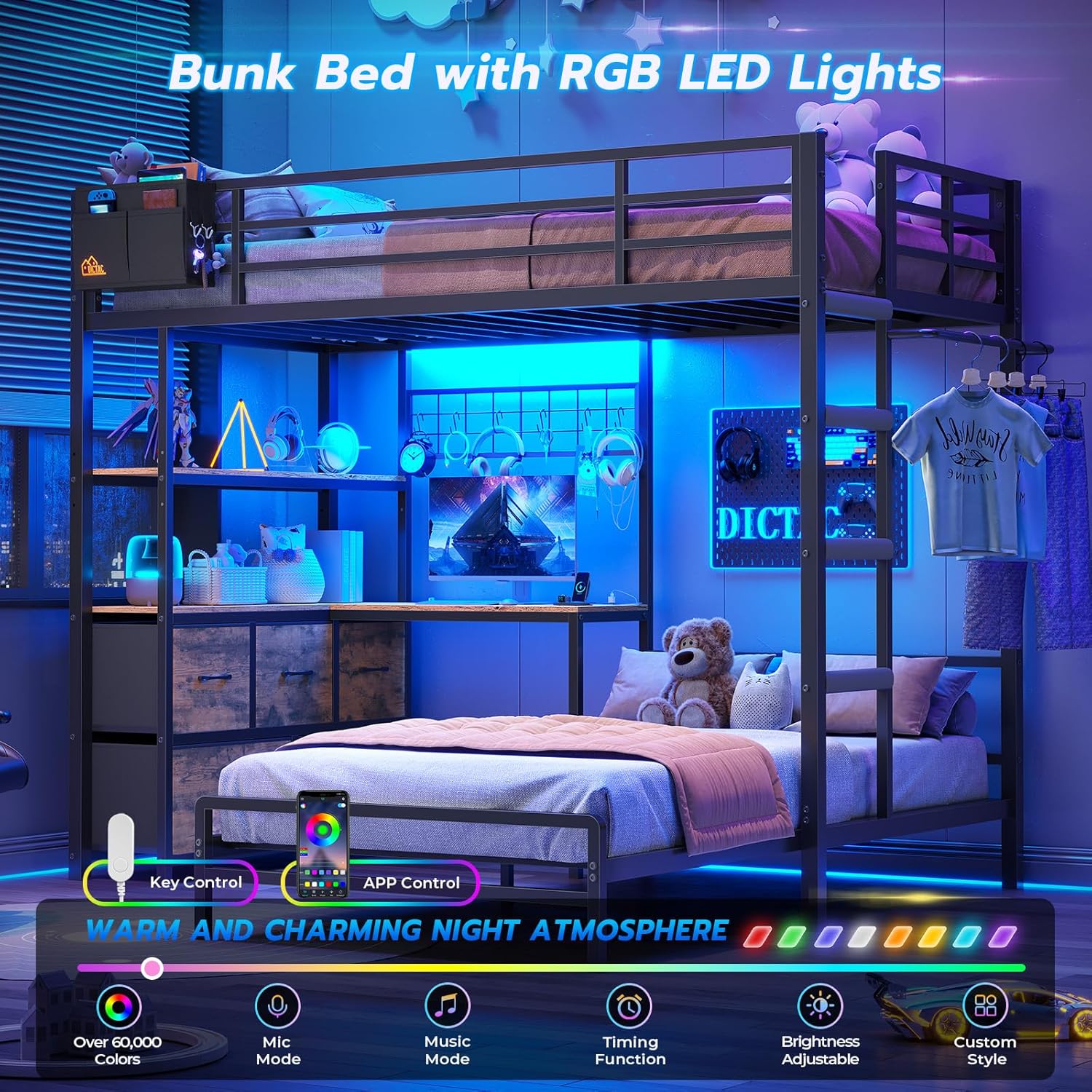 DICTAC Bunk Bed with L-Shaped Desk,5 Storage Drawers and 2 Shelves Metal Twin XL Over Twin Bunk Bed with LED Lights and Charging Station,bunk Beds with Safety Guardrail & Ladder,Space-Saving,Black