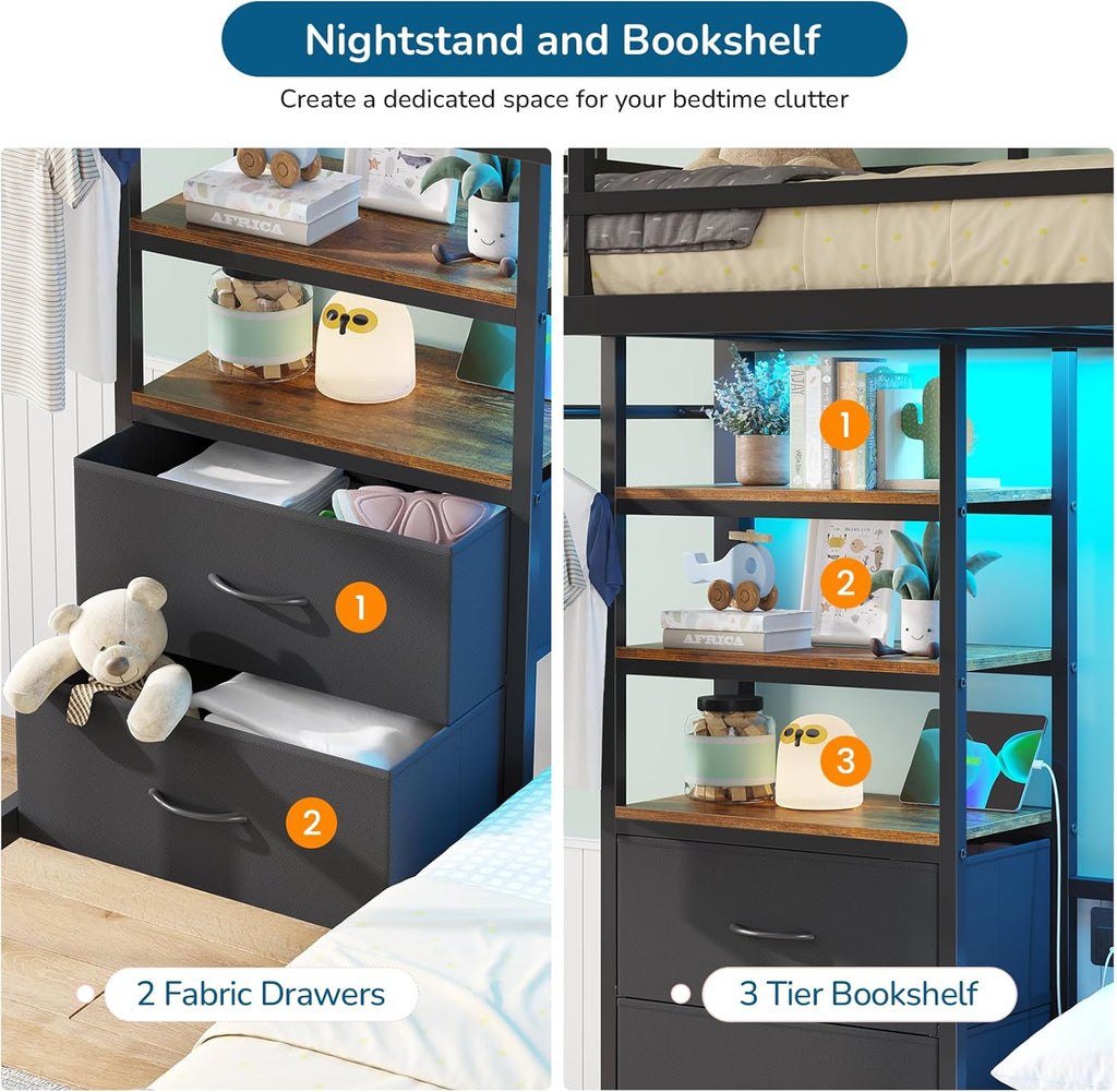 Twin Over Full Size Bunk Bed with 4 Storage Drawers and Bookshelf, Metal Bunk Beds with LED Lights, Charging Station, Loft Bunk Bed with Pegboard, Safety Guardrail and Ladders, for Kids, Teens, Adults