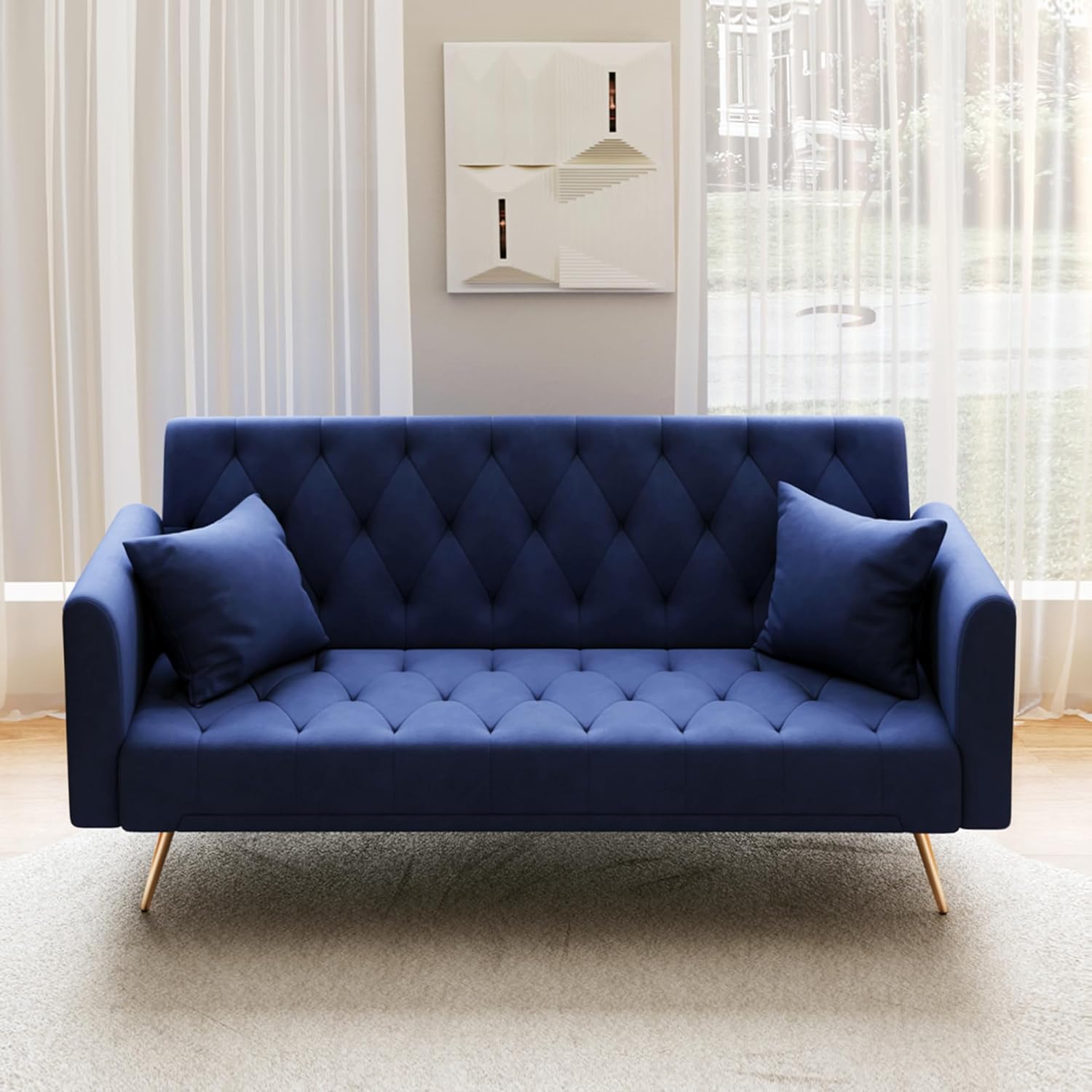 Anwick 72" Modern Velvet Sofa Bed Futon,Convertible Folding Sleeper Bed Couches with 3 Adjustable Backrests,Tufted Recliner Loveseat with Golden Chrome Legs for Small Living Room Office (Blue)