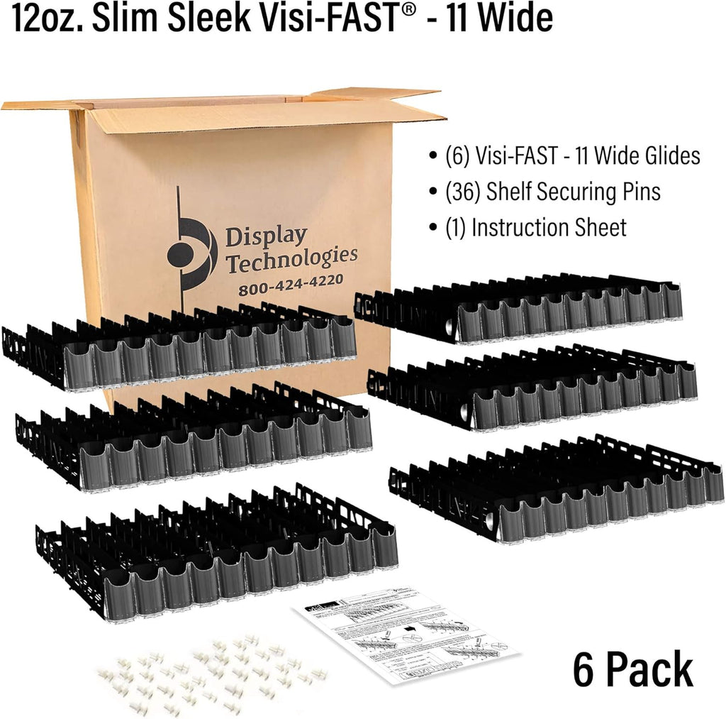 Display Technologies Drink Organizer for Fridge, Visi-Fast Spring-Loaded Beverage Glides for 12oz slim, 11-Wide, 24" D, 6-Pack