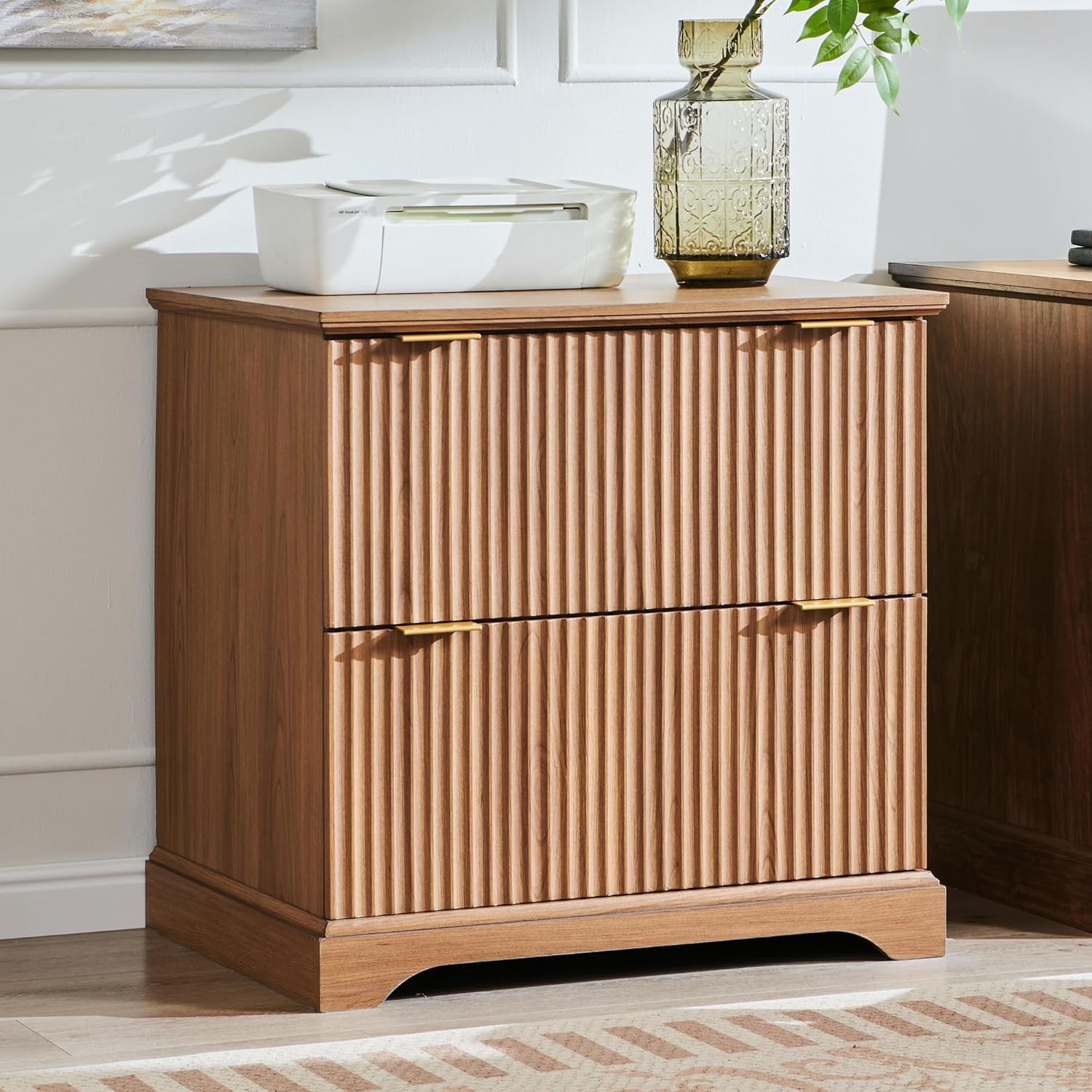 JXQTLINGMU 2 Drawer File Cabinet with Charging Station, 30" Fluted Lateral File Cabinet w/Files Hanging Rod for Letter/Legal/A4, Large Tabletop for Printer, Office Wood Printer Cabinets, Dark Grain