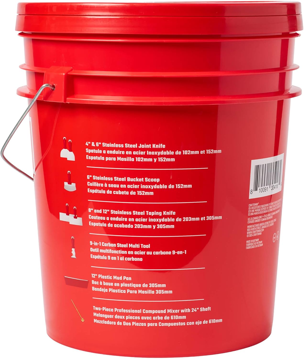 CRAFTSMAN Drywall Hand Tool Kit w/Bucket | 4 & 6-Inch Joint Knives, 8 & 12-Inch Taping Knives, 9-in-1 Multi Tool, Bucket Scoop, Mixer, Mud Pans | Taping, Finishing, Drywall Repairs