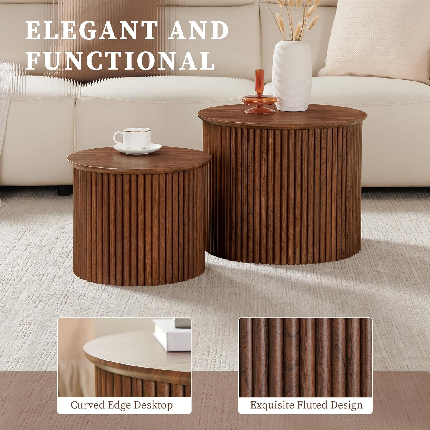 AVZEAR Round Nesting Coffee Table Set of 2, Small Fluted Coffee Table Circle Side Table, Mid Century Modern Wood Nesting Tables Farmhouse End Table Set for Living Room, Bedroom, Small Spaces(Walnut)
