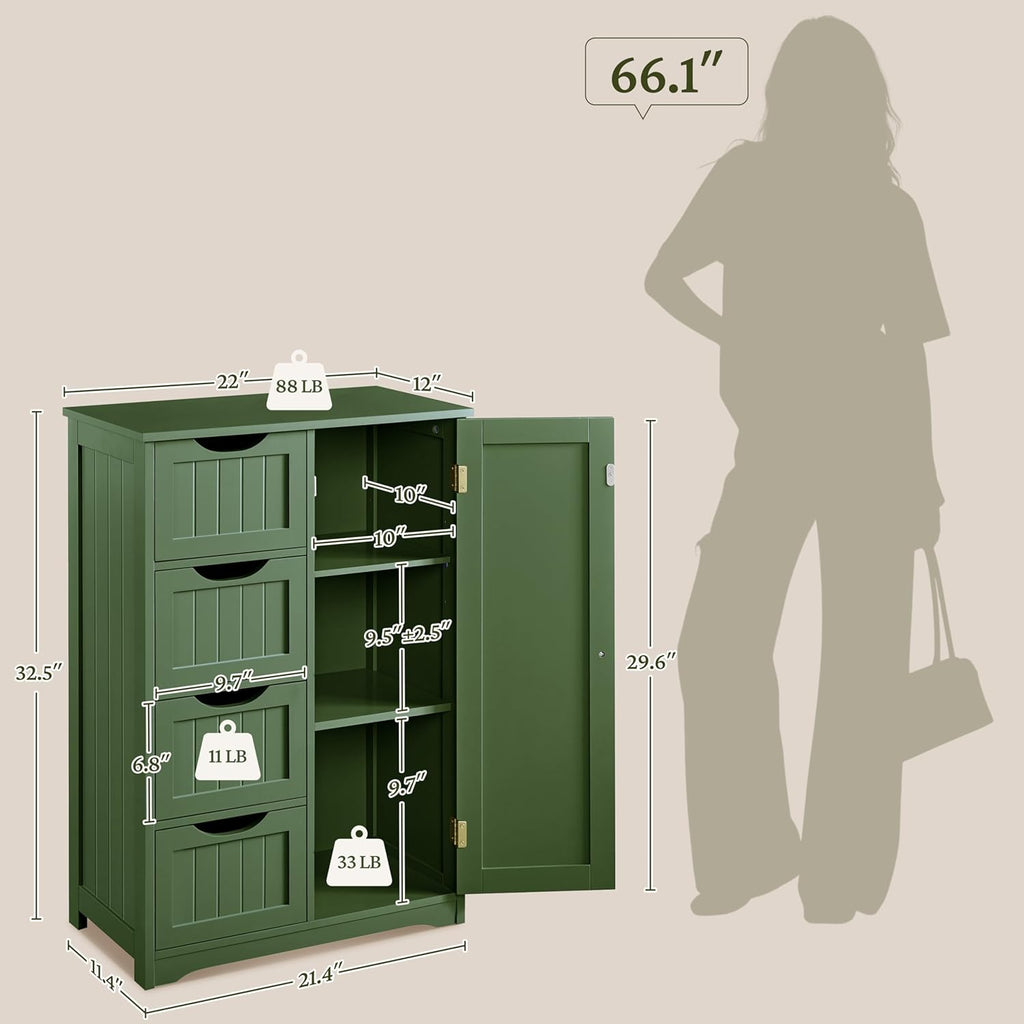 Yaheetech Wooden Bathroom Floor Cabinet, Side Storage Organizer Cabinet with 4 Drawers and 1 Cupboard, Freestanding Entryway Storage Unit Console Table, Bathroom Furniture Home Decor, Green