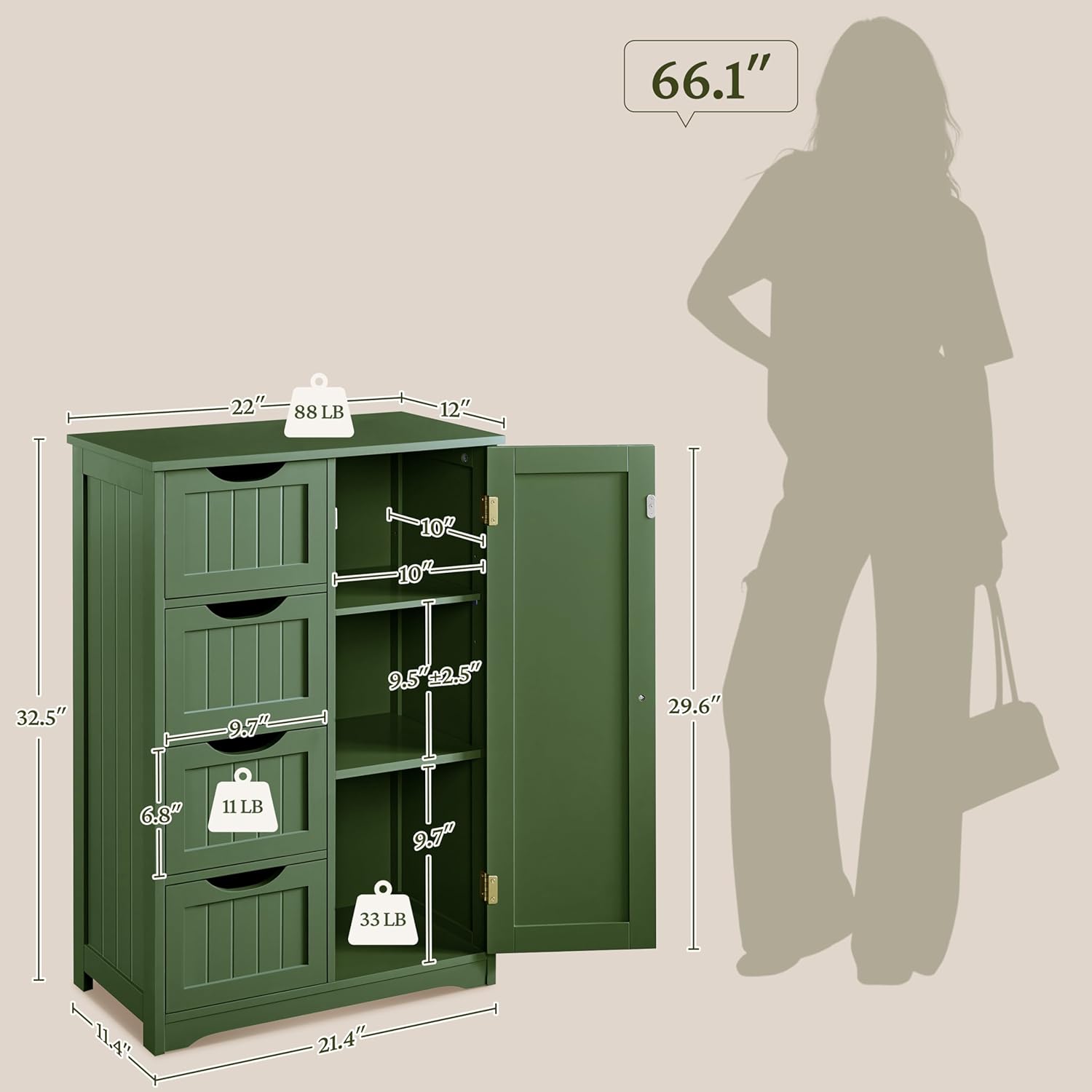 Yaheetech Wooden Bathroom Floor Cabinet, Side Storage Organizer Cabinet with 4 Drawers and 1 Cupboard, Freestanding Entryway Storage Unit Console Table, Bathroom Furniture Home Decor, Green