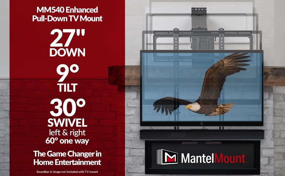 MantelMount MM540 - Above Fireplace Pull Down TV Mount for 44" to 80" Screen TVs to 90 lbs  with Patented auto-straightening  Adjustable Stops  Heat Sensor Handles & Paintable Covers