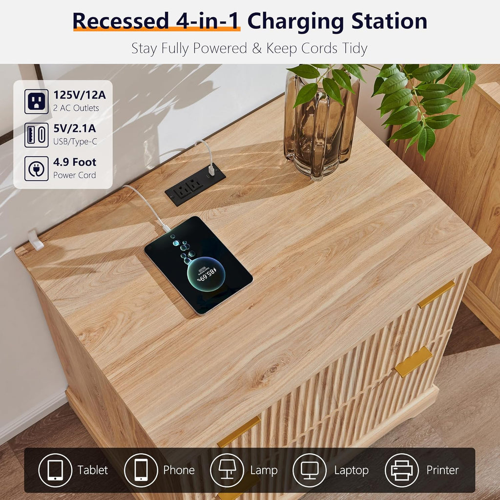 JXQTLINGMU 2 Drawer File Cabinet with Charging Station, 30" Fluted Lateral File Cabinet w/Files Hanging Rod for Letter/Legal/A4, Large Tabletop for Printer, Office Wood Printer Cabinets, Oak