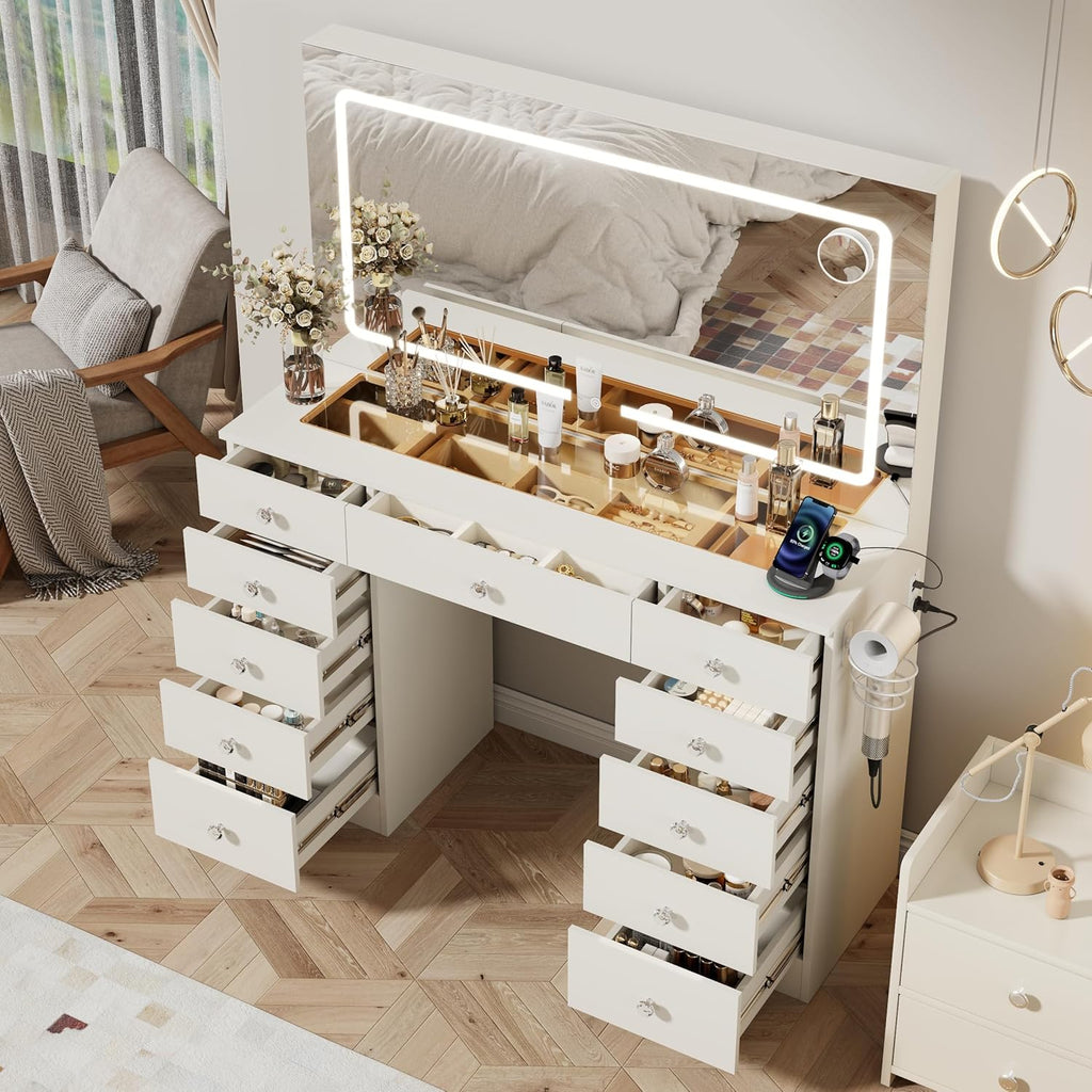 White Makeup Vanity, 11 Drawers Vanity Mirror with Lights, Makeup Vanity Desk with 3 Lighting Modes Adjustable Brightness, Vanity with Glass Top for Bedroom