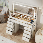 White Makeup Vanity, 11 Drawers Vanity Mirror with Lights, Makeup Vanity Desk with 3 Lighting Modes Adjustable Brightness, Vanity with Glass Top for Bedroom