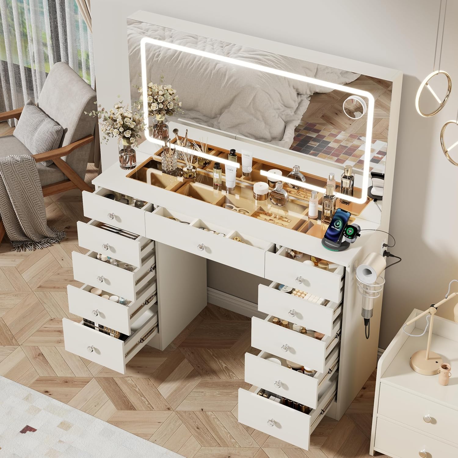 White Makeup Vanity, 11 Drawers Vanity Mirror with Lights, Makeup Vanity Desk with 3 Lighting Modes Adjustable Brightness, Vanity with Glass Top for Bedroom