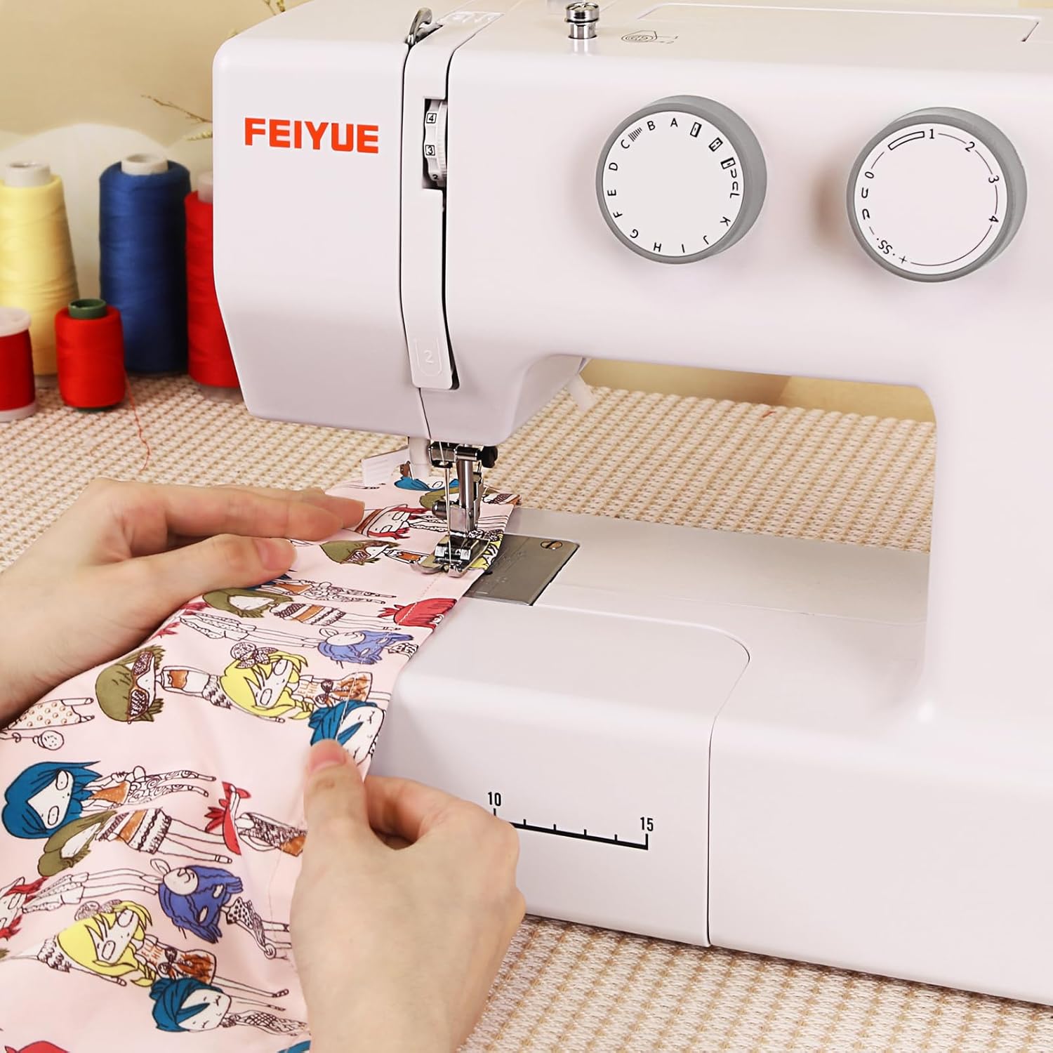 FEIYUE FYe330 Home Sewing Machine with Foot Pedal, Controllable Pedal Speed, 105 Stitch Applications, Powerful Servo Motor, Great for Beginners (White)