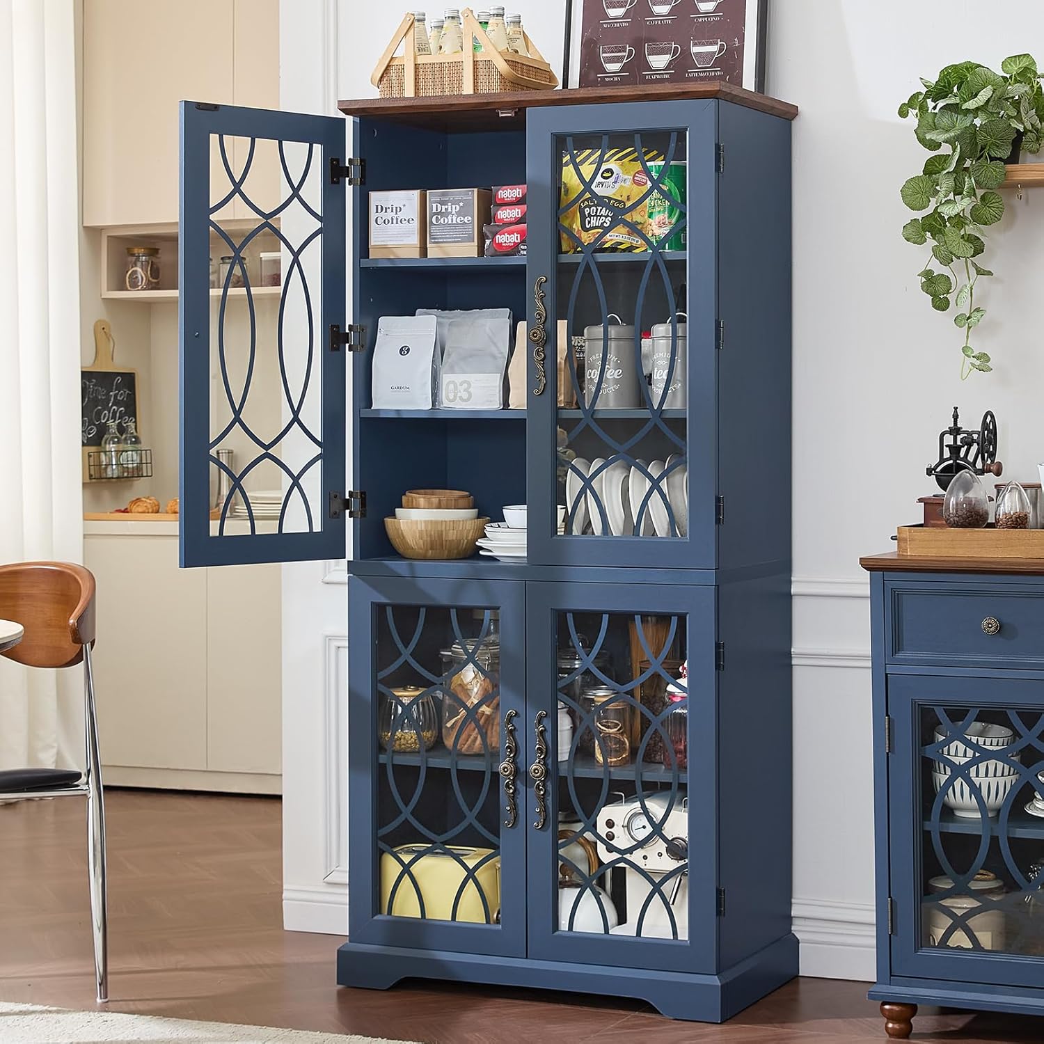67" Tall Bookshelf, Rustic Book Shelf w/Vintage Pattern Tempered Glass Doors, 5-Tier Wood Bookcase with Adjustable Storage Shelves, Retro Curio Display Cabinet for Living Room, Navy Blue