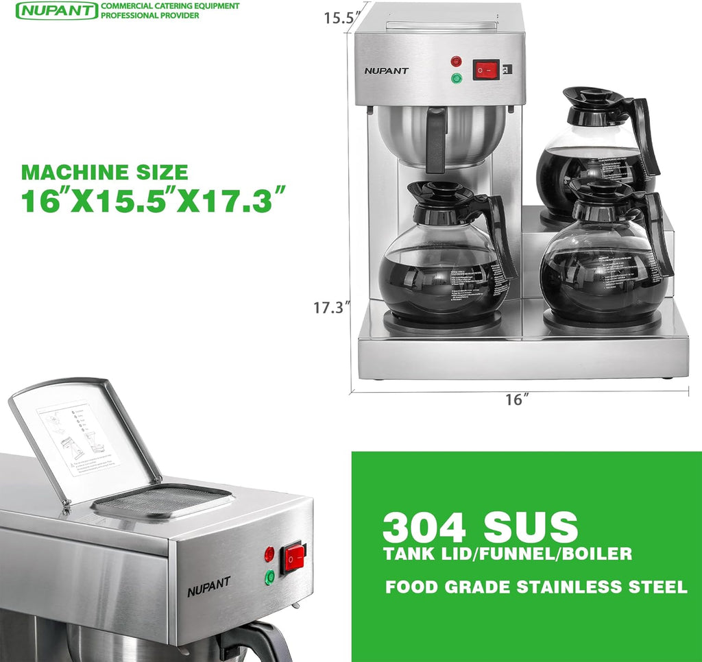 12 Cup Commercial Coffee Maker,Drip Coffee Maker Machine with 3 Warmers Plate and 3 Glass Decanters, Stainless Steel Pour Over Commercial Coffee Brewer for Restaurant, Office, Cafe Use
