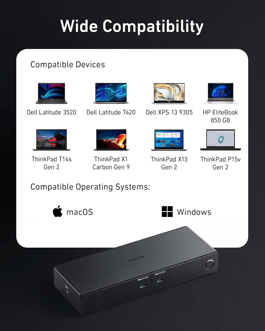 Anker 778 Thunderbolt Docking Station (12-in-1  Thunderbolt 4)  40 Gbps with Max 100W Charging for Laptop  Single 8K  Quad 4K Display  Ethernet  6 USB Ports for Dell  HP Laptops and More(Gray)