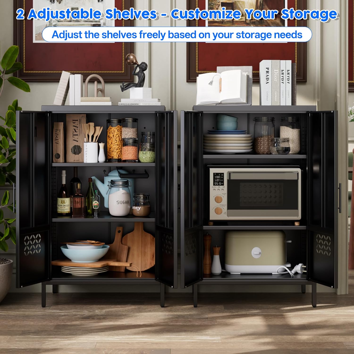 Metal Storage Cabinet with Adjustable Shelves,Metal Sideboard Cabinet with 2 Doors for Home,Office, 42" H x 26" W x 14" D,Assembly Required,Black