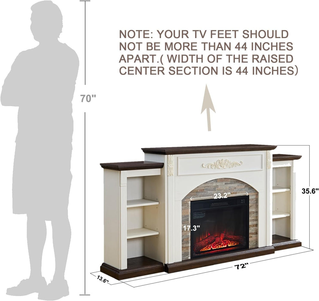 72" Electric Fireplace with Mantel, White TV Stand for TVs Up to 80 Inch, Farmhouse Entertainment Center with Storage for Bedroom,23'' Fireplace Insert Heater for Living Room