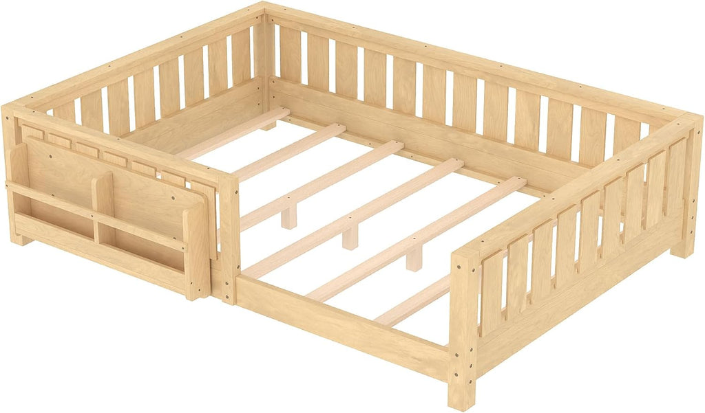 Bellemave Light Natural Montessori Floor Bed with Fence and Slats, Full Size Montessori Floor Bed with Bookcase and High Rails, Easy Assemble Bed Frame for Girls, Boys, Full