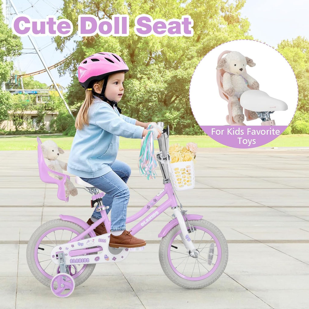 Olakids Kids Bike, 12 14 16 18 20 Inch Toddlers Bike with Doll Seat Basket Adjustable Seat and Handlebar, Handbrake and Coaster Brake, Children's Bicycle for Girls