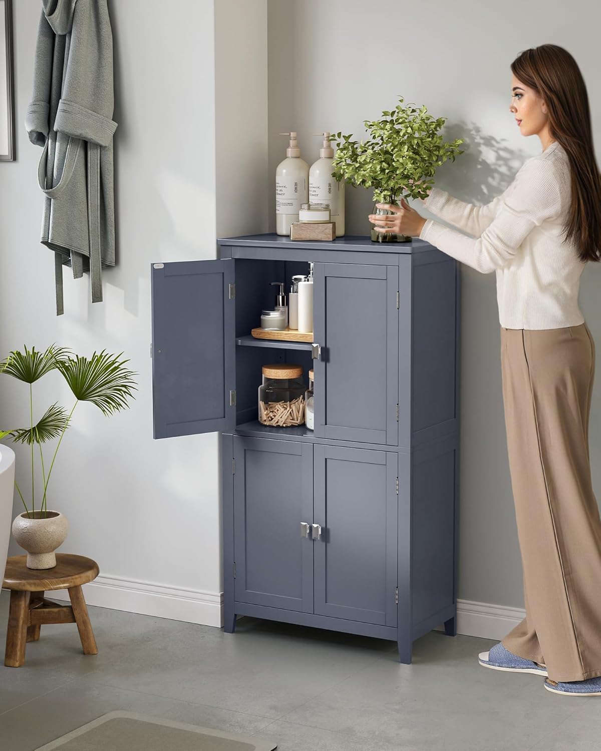 VASAGLE Floor Storage Cabinet, Freestanding Storage Unit with 4 Doors, Adjustable Shelves, 11.8 x 23.6 x 43.3 Inches, for Entryway, Bathroom, Slate Gray UBBC552G01