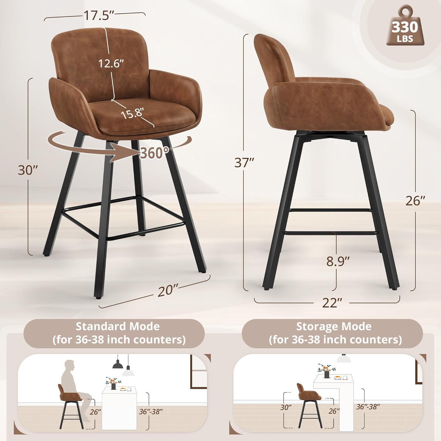 LUE BONA 26" Swivel Bar Stools Set of 6, Counter Height Bar Stools with Backrest and Arms, Modern Upholstered Barstools with Metal Legs for Kitchen Island, Brown