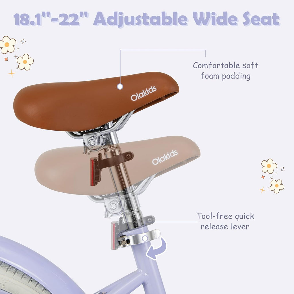 Olakids Kids Bike, 12 14 16 18 20 Inch Toddlers Bike with Training Wheels Rattan Basket Safety Bell Adjustable Seat and Handlebar, Children's Bicycle for Girls Boys