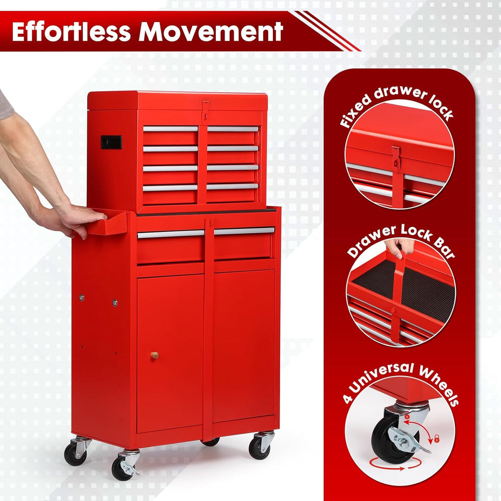 Dawmilon 5-Drawer Rolling Tool Chest with Wheels - High Capacity Tool Cabinet with Detachable Top Toolbox for Garage and Workshop Organization - Metal Tool Cart with Liner & 4 Hooks, Red