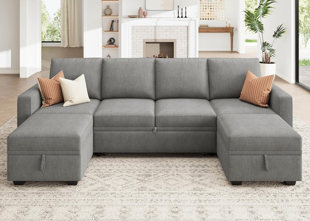 HONBAY Modular Sectional Sleeper Sofa Bed, Chenille Pull Out Couch with Storage Ottoman, U Shaped Sectional Couches for Living Room, Warm Grey