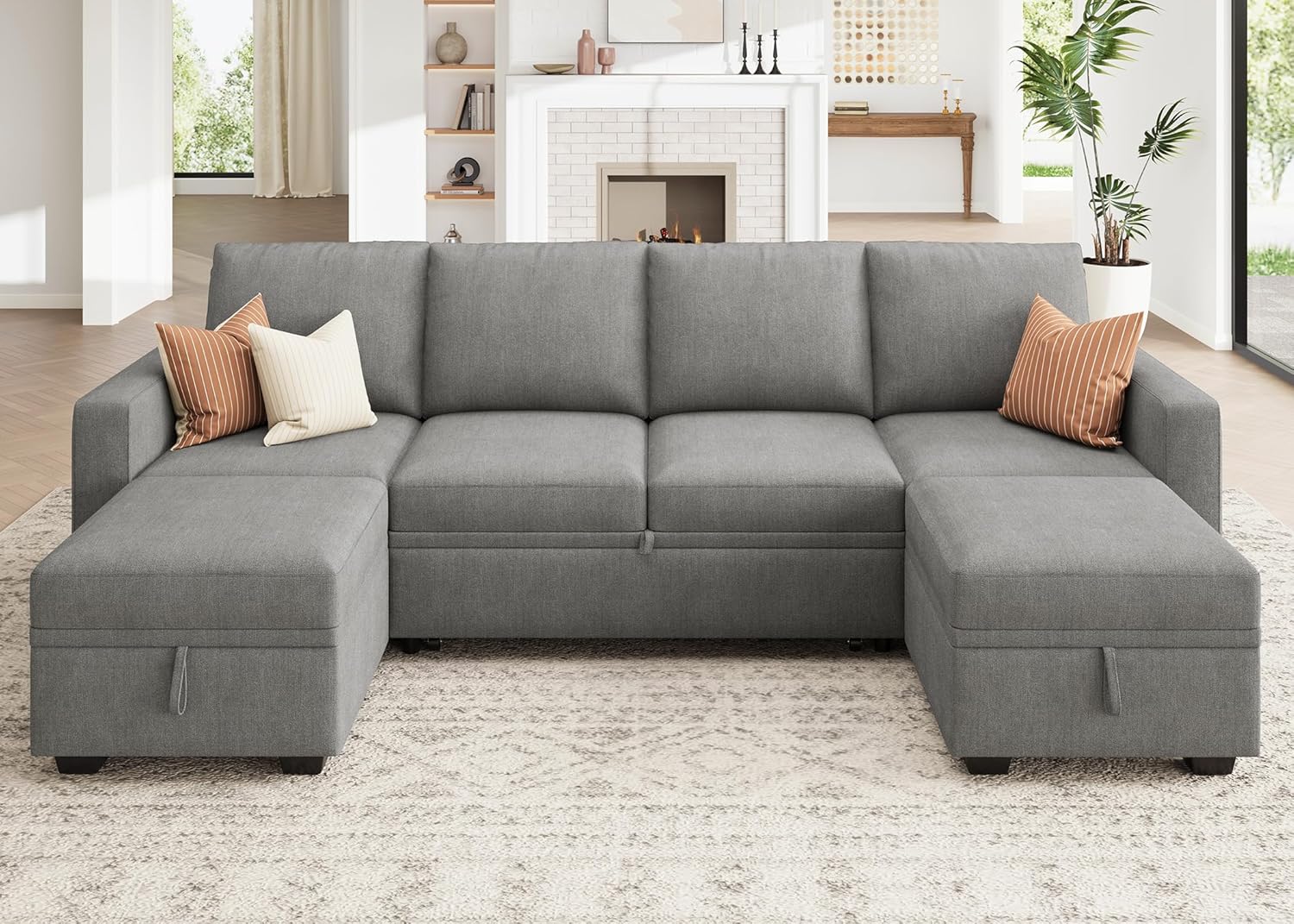 HONBAY Modular Sectional Sleeper Sofa Bed, Chenille Pull Out Couch with Storage Ottoman, U Shaped Sectional Couches for Living Room, Warm Grey
