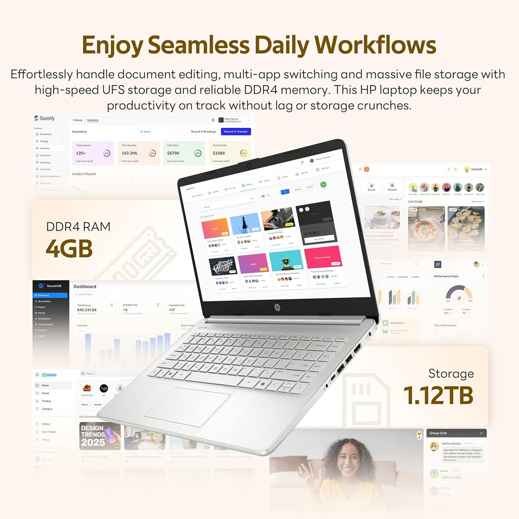 HP Stream 14" HD Laptop with AI Copilot  Intel Processor N150  4GB RAM  1.12TB Storage (128GB UFS + 1TB Docking Station Set)  Intel Graphics  1 Year Office 365  Wi-Fi 6  Win 11  Silver