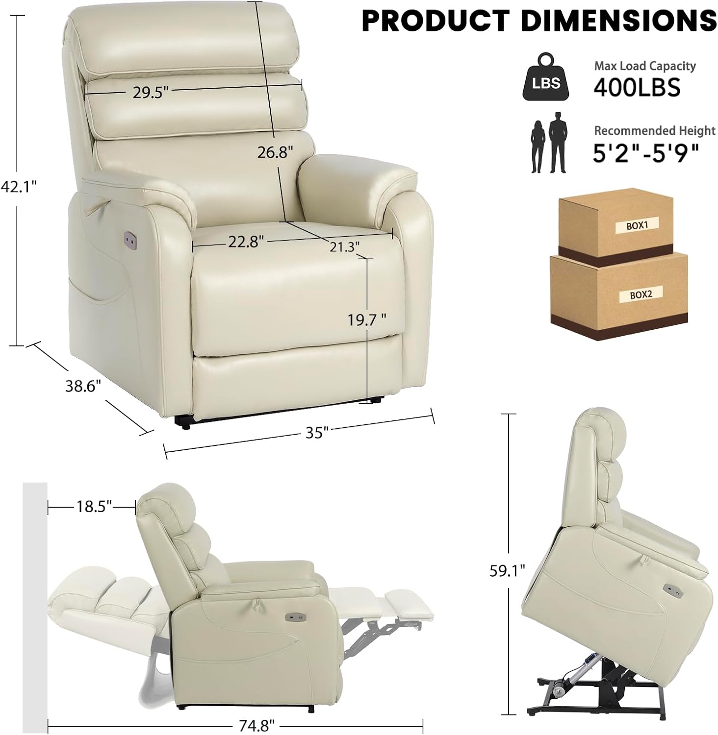 EONIX Dual Motor Lay Flat Power Lift Recliner Chair for Elderly, Breathable Leather Electric Lift Chairs for Adults, 400lbs Heavy Duty Power Recliner with Heat and Massage, SLRY003061, Cream White