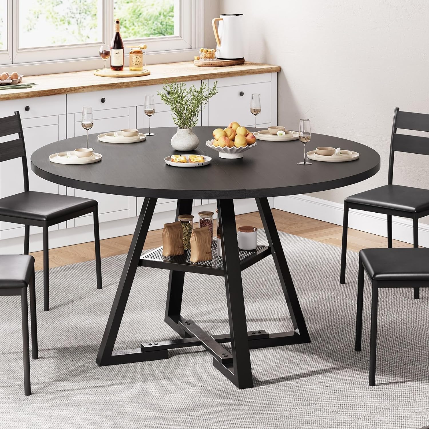 Jocoevol Round Dining Table for 4,Kitchen Dining Room Circle Dinner Pedestal Table,Space Saving Wood Kitchen & Dining Room Furniture (Black, 42In)