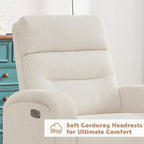 Power Swivel Rocker Recliner Chair for Nursery, Swivel Reclining Rocking Chairs, Electric Swivel Recliner Glider Nursery for Living Room, Upholstered Recliner Chairs for Bedroom, Corduroy White