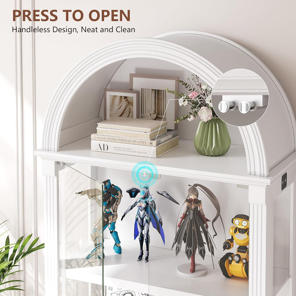 Arched Display Cabinet with Glass Doors, 72" Tall Curio Cabinet with Human Sensor Lights, 4-Tier Display Case for Collectibles Bookcase Living Room