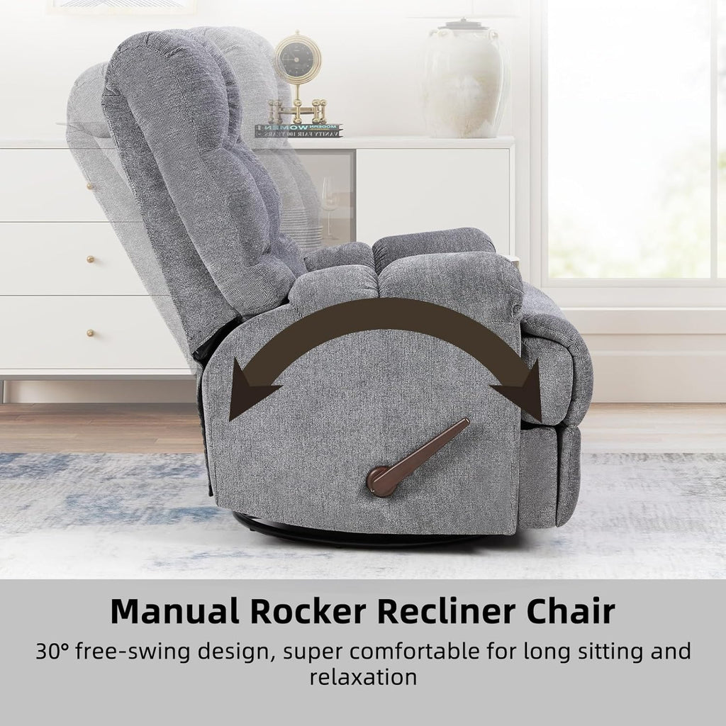 CANMOV Swivel Rocker Recliner for Adults, Glider Rocking Reclining Chair for Nursery, Manual Recliner Chair with Overstuffed Back and Arms for Living Room Bedroom Nursery, Grey