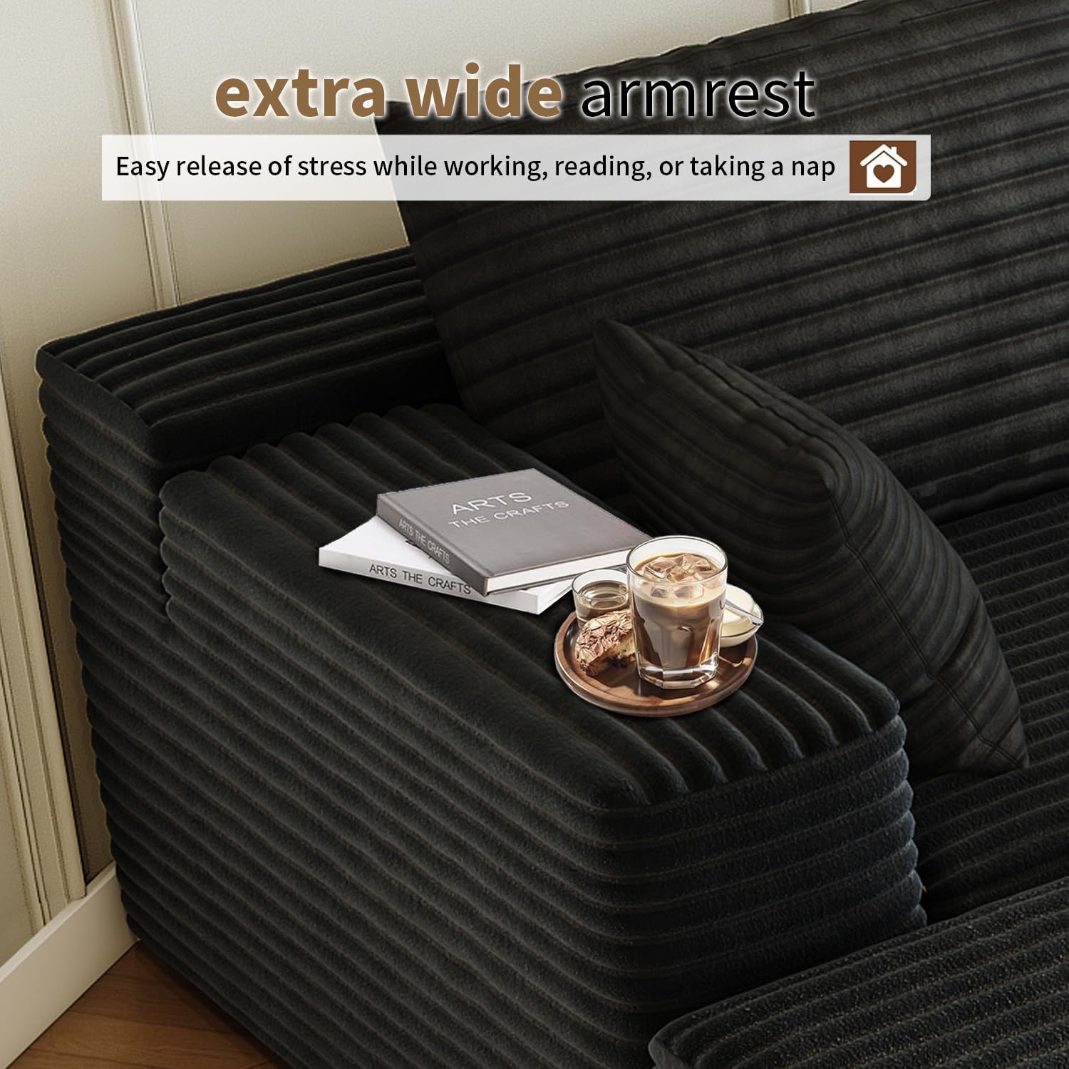 168.5" Modular Sectional Sofa, Oversized U-Shaped Minimalist Couches with 1 Middle Seat and 2 Ottomans Chaise, Modern Deep Seat Convertible Sleeper Sofa, Cloud Plush Corduroy Fabric,7 Seater, Black