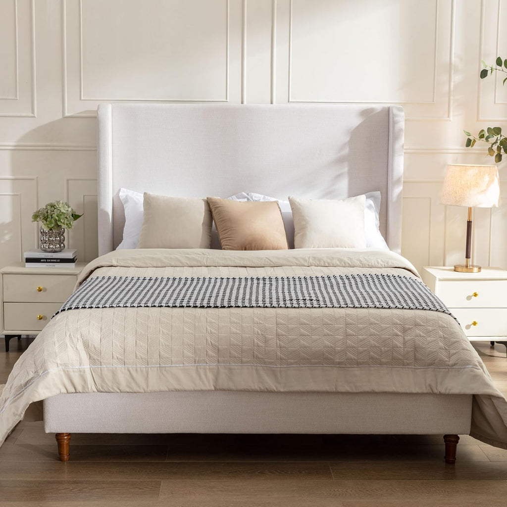 Queen 54" Tall Headboard Wingback Upholstered Platform Bed Frame Elegant Simplicity Textured Canvas for Bedroom Strong Wood Slats Support No Box Spring Needed Easy Assembly No Noise Ivory