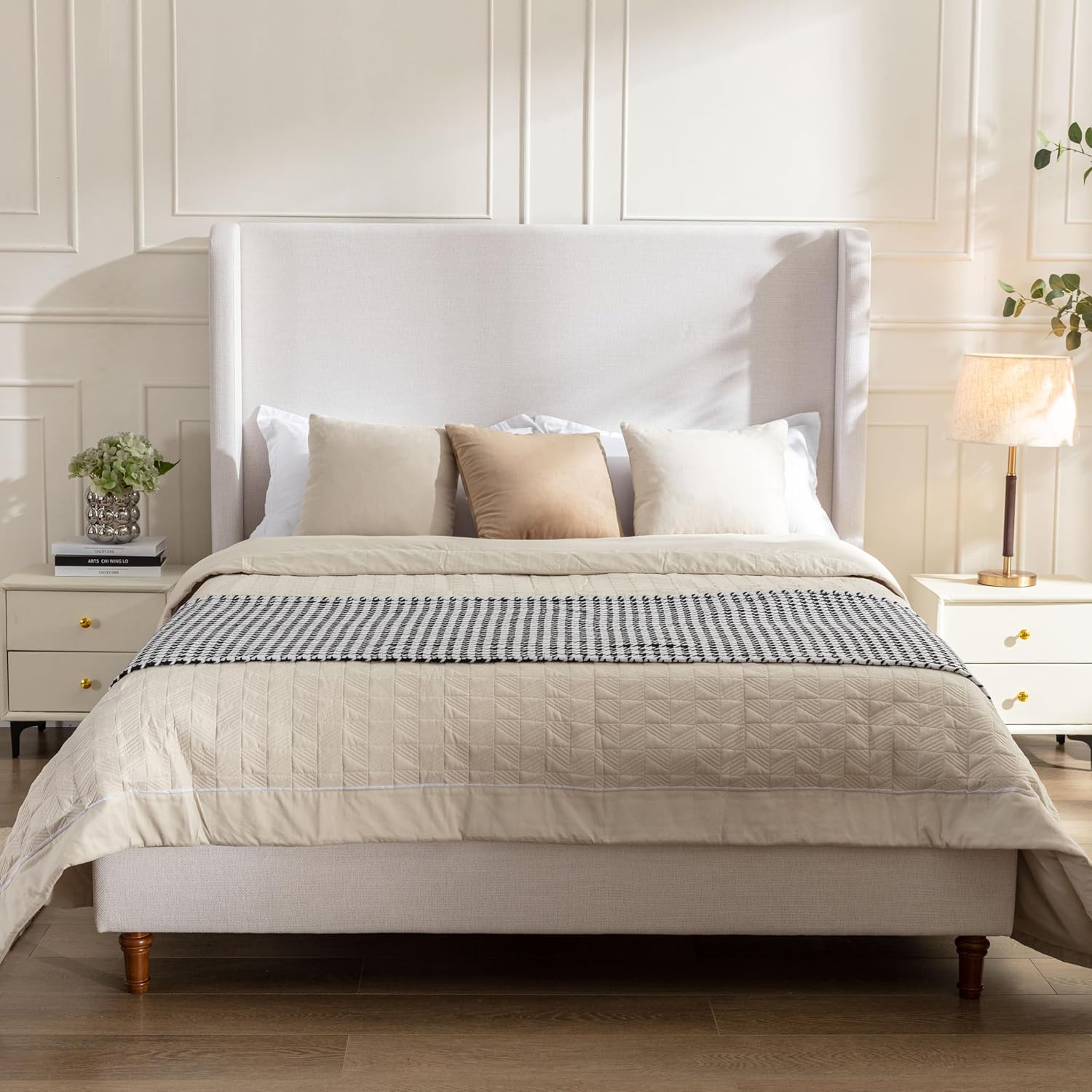 Queen 54" Tall Headboard Wingback Upholstered Platform Bed Frame Elegant Simplicity Textured Canvas for Bedroom Strong Wood Slats Support No Box Spring Needed Easy Assembly No Noise Ivory