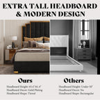 AMERLIFE King Size Upholstered Bed, Modern Velvet Bed Frame with 65.4” Tall Gold Trim Headboard, No Box Spring Needed, Black